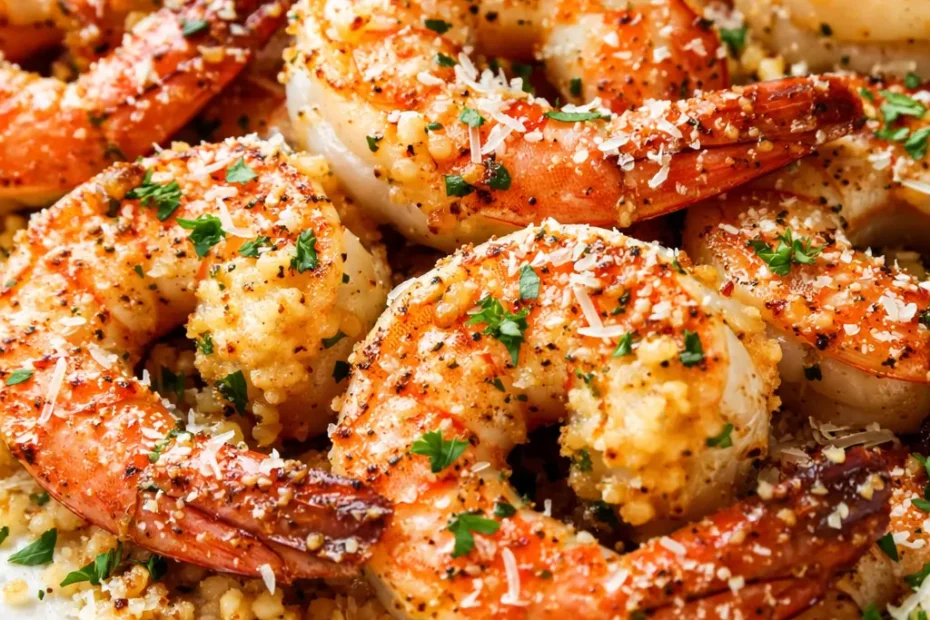 Crispy air fryer garlic parmesan shrimp piled on a plate, golden brown with parsley and melted parmesan specks.