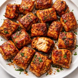 Golden brown crispy air fryer salmon bites with flaky interior and a sprinkle of sesame seeds on a white plate.