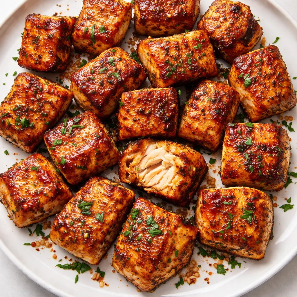 Golden brown crispy air fryer salmon bites with flaky interior and a sprinkle of sesame seeds on a white plate.