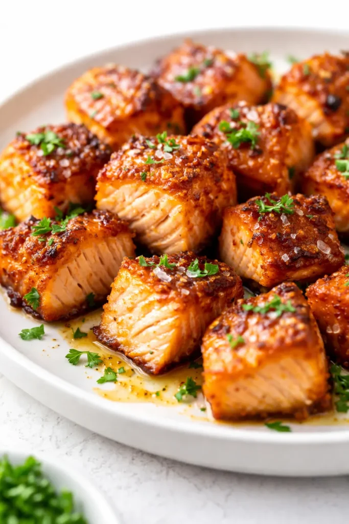 Golden brown crispy air fryer salmon bites with flaky interior and seasoning, served in a basket.
