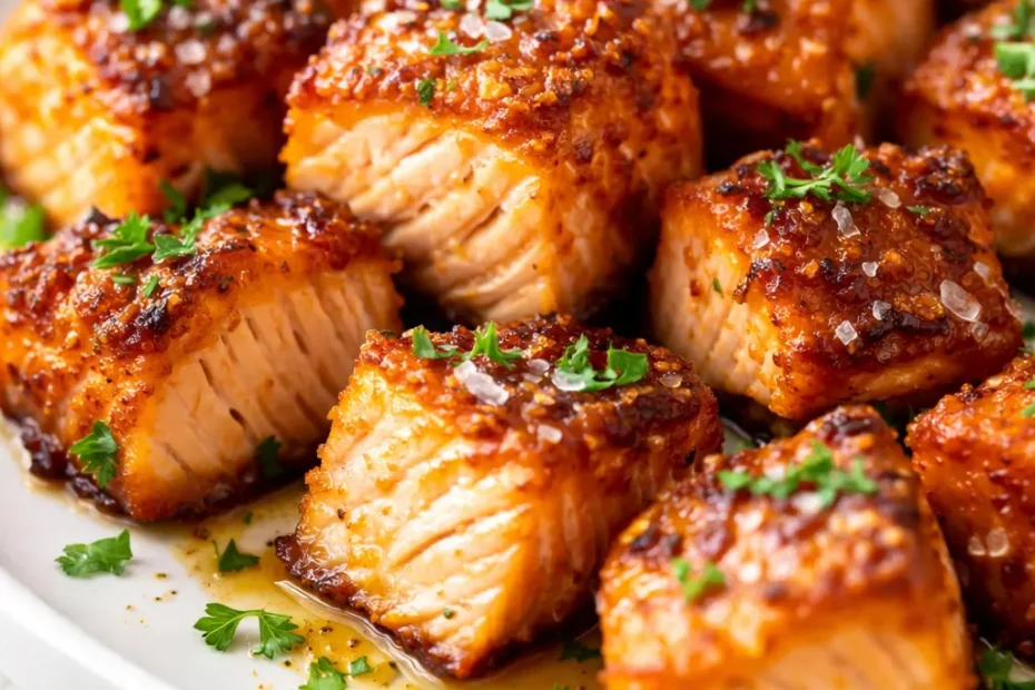 Golden brown crispy air fryer salmon bites with flaky interior and seasoning, served in a basket.