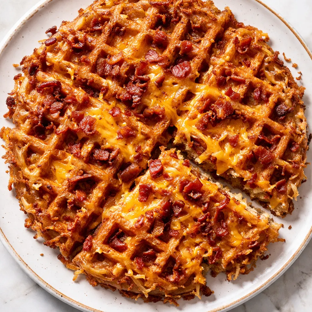 Shredded potatoes, crispy bacon, and melted cheddar cheese being mixed together for bacon cheese hashbrown waffles that turn out golden and crunchy.