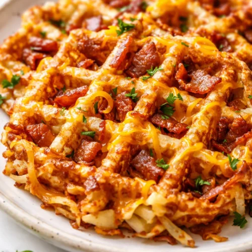 Golden brown crispy hashbrown waffle loaded with melted cheddar cheese and crispy bacon bits, served on a plate.