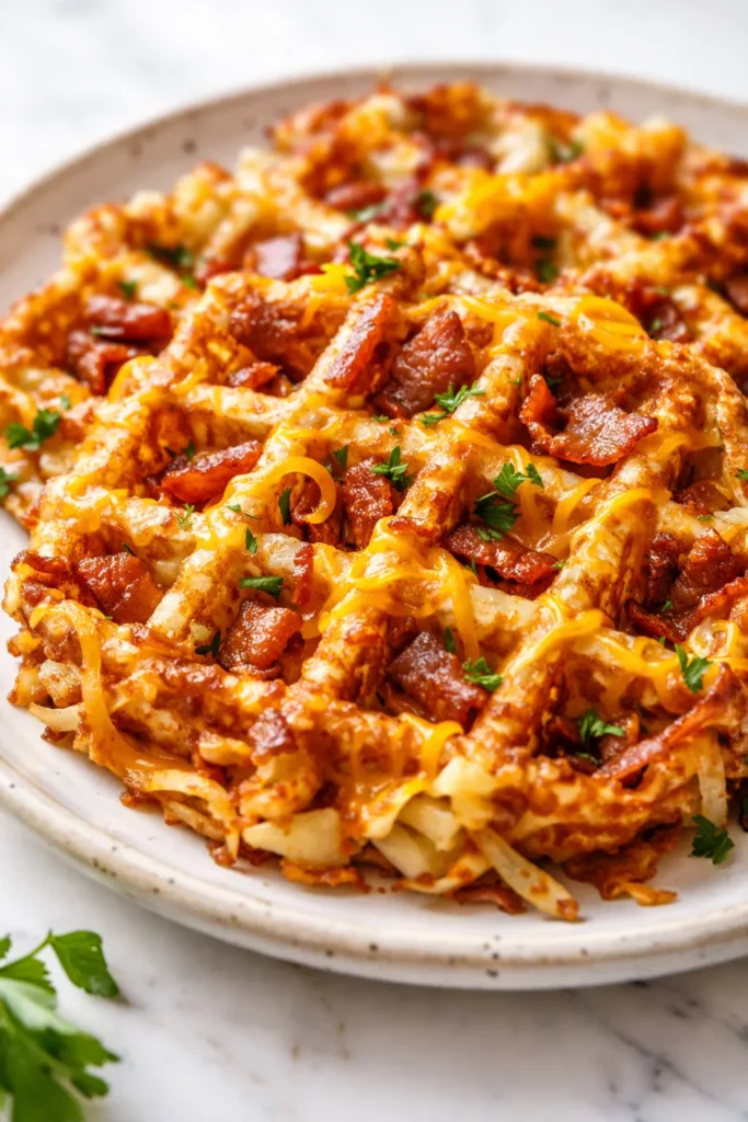 Golden brown crispy hashbrown waffle loaded with melted cheddar cheese and crispy bacon bits, served on a plate.