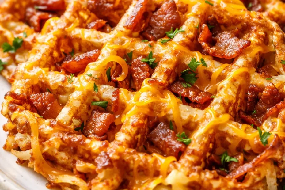 Golden brown crispy hashbrown waffle loaded with melted cheddar cheese and crispy bacon bits, served on a plate.