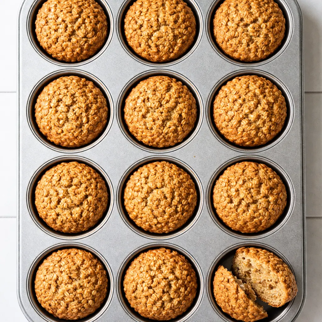 Golden baked oatmeal cups with moist, tender centers and crisp edges cooling on a wire rack after being portioned into a muffin tin.