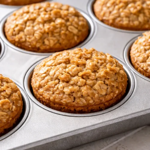 Moist baked oatmeal cups with golden tops and soft center, lined in a muffin tin, staying fresh in the fridge.