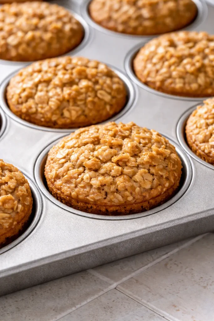 Moist baked oatmeal cups with golden tops and soft center, lined in a muffin tin, staying fresh in the fridge.