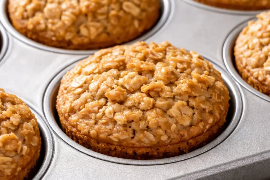 Moist baked oatmeal cups with golden tops and soft center, lined in a muffin tin, staying fresh in the fridge.