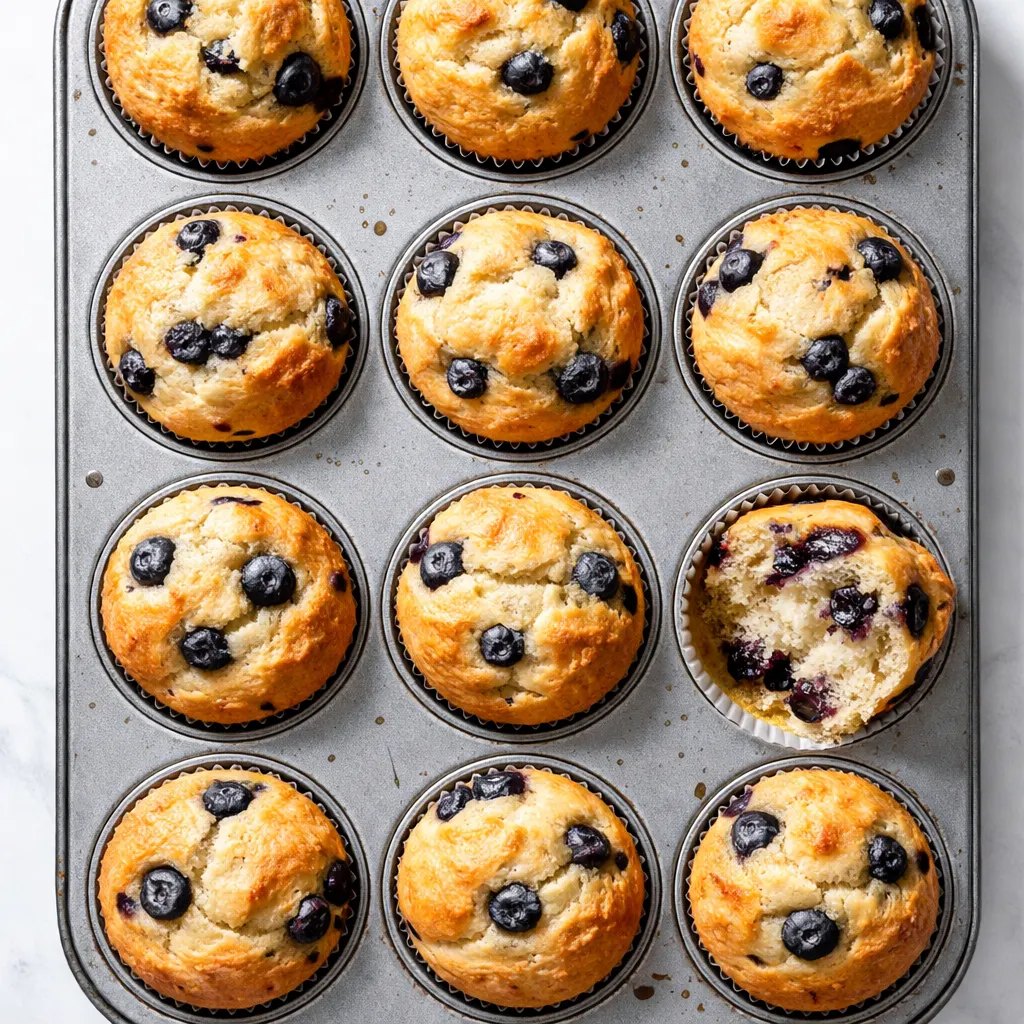 Tall bakery-style blueberry muffins with golden tops, plump blueberries bursting through tender crumb, perfect for breakfast or snack.