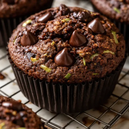 Tall double chocolate zucchini muffins with a crackly dome, moist crumb, and visible chocolate chips and zucchini shreds