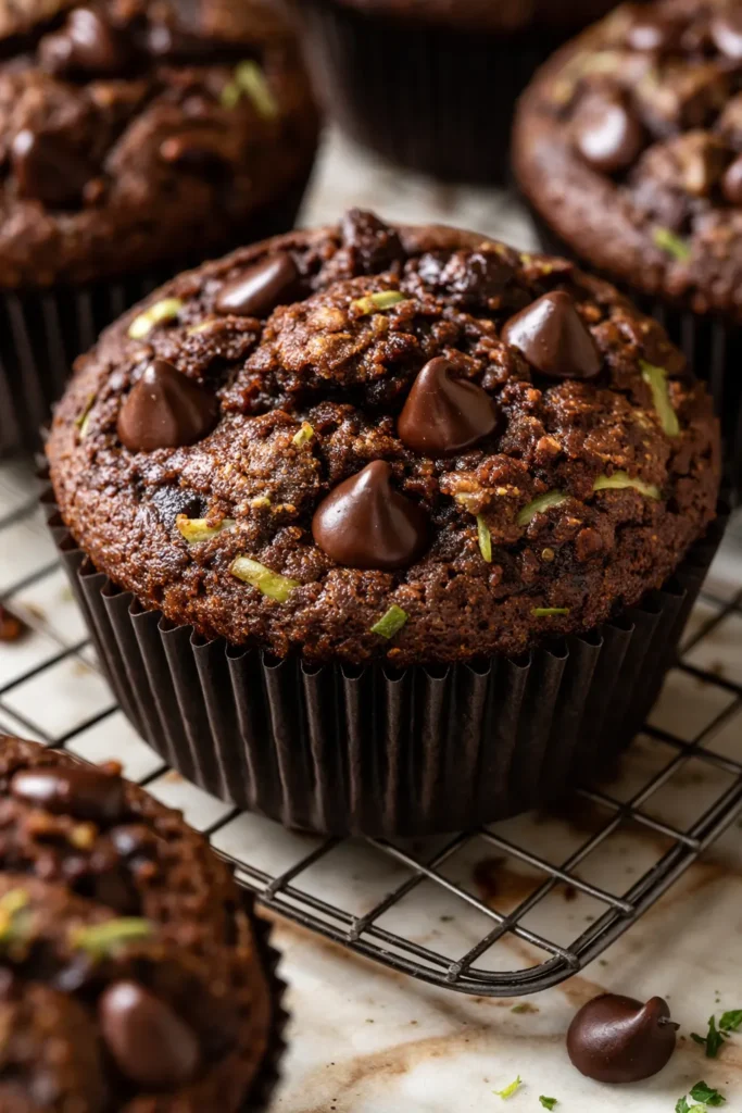 Tall double chocolate zucchini muffins with a crackly dome, moist crumb, and visible chocolate chips and zucchini shreds