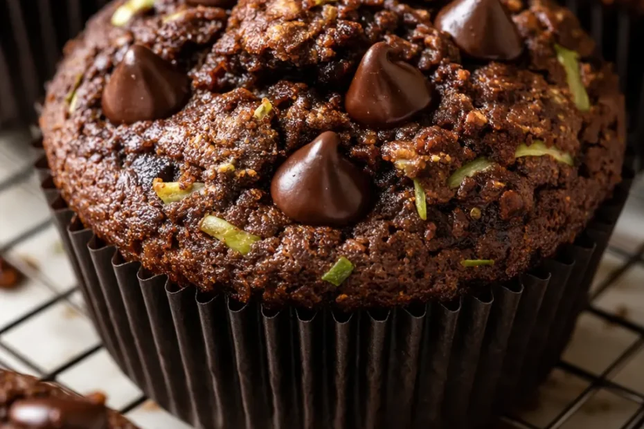Tall double chocolate zucchini muffins with a crackly dome, moist crumb, and visible chocolate chips and zucchini shreds