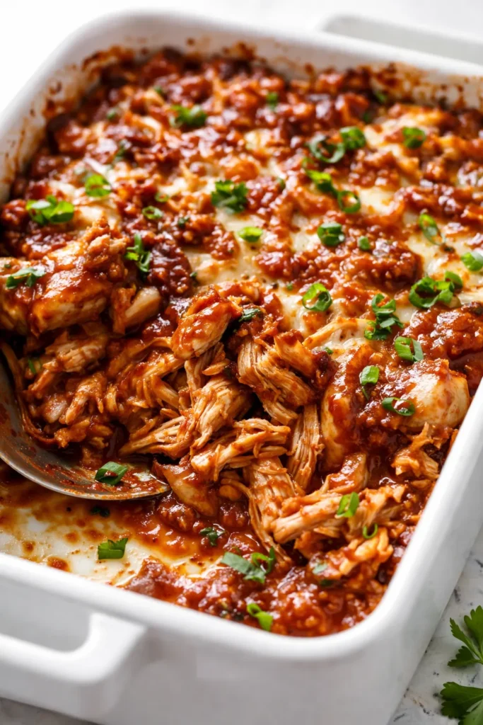Creamy BBQ ranch chicken casserole with melted cheese and smoky browned edges, served in a baking dish.