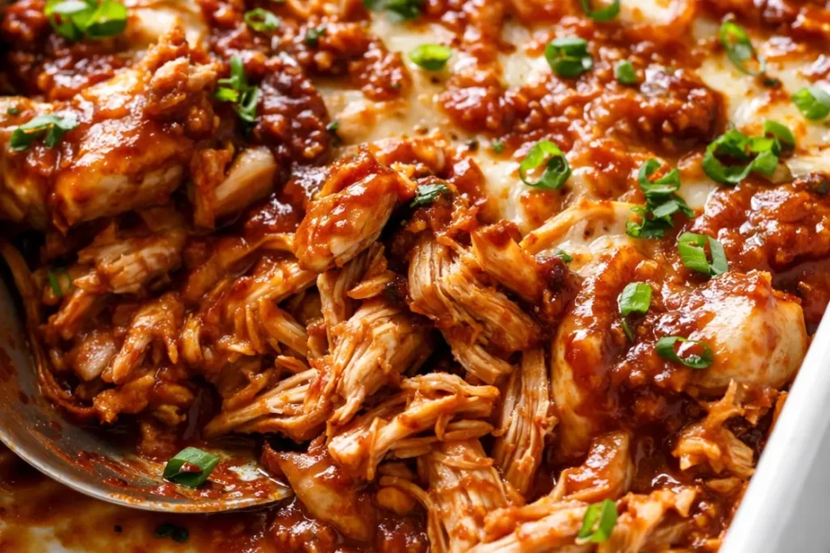 Creamy BBQ ranch chicken casserole with melted cheese and smoky browned edges, served in a baking dish.