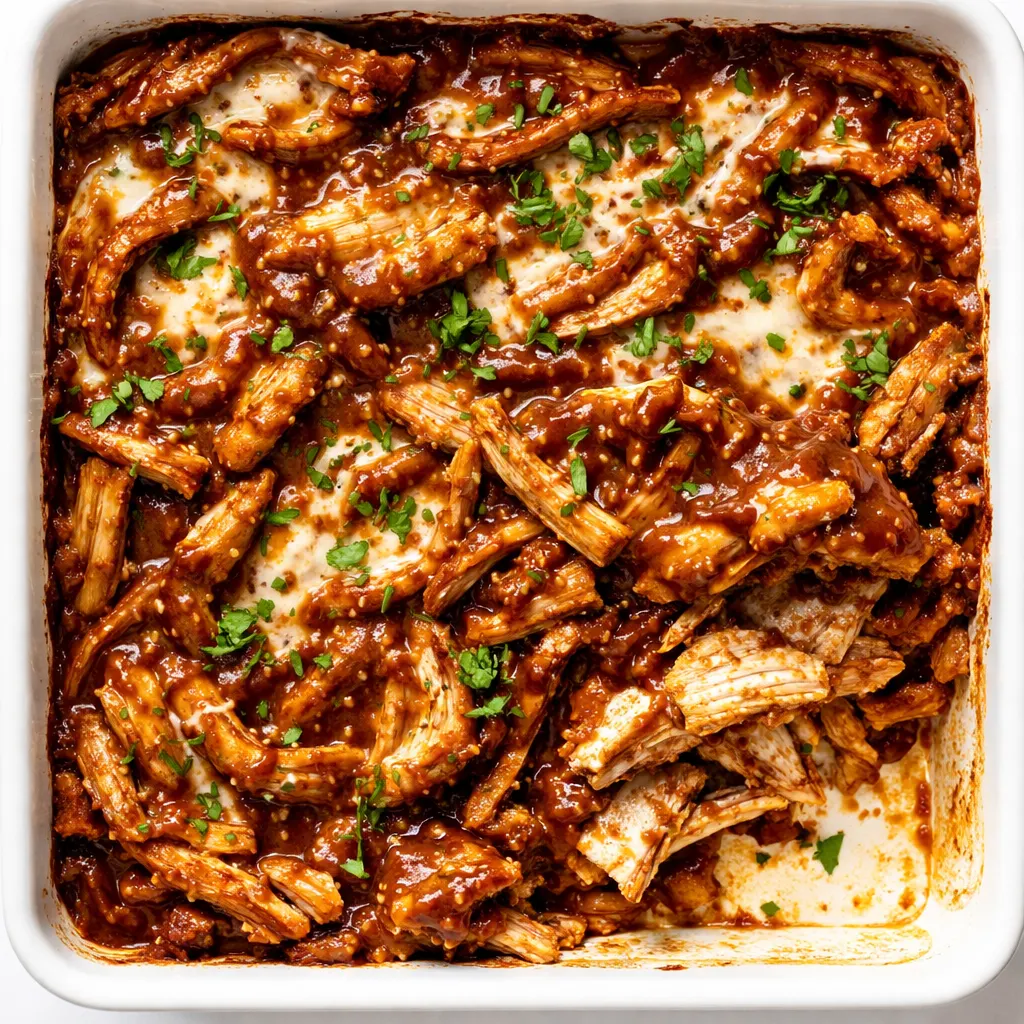 Stirring shredded chicken with creamy ranch dressing and smoky BBQ sauce for BBQ Ranch Chicken Casserole before adding cheese layer.
