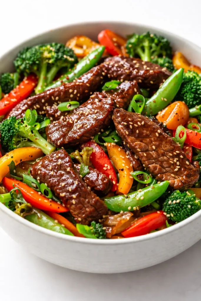 Sizzling beef stir fry with colorful bell peppers, broccoli, and glossy soy sauce in a wok, steaming hot.
