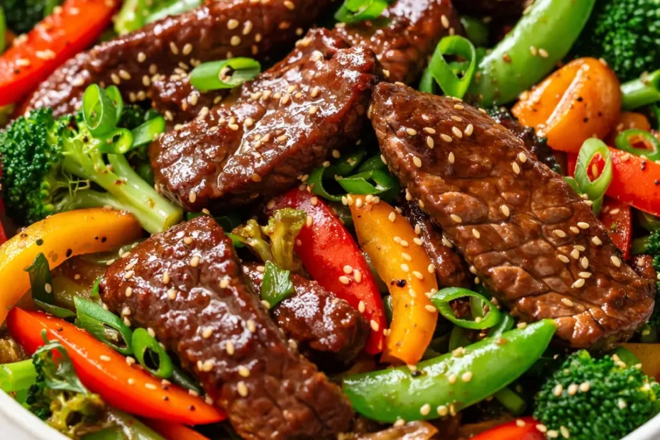 Sizzling beef stir fry with colorful bell peppers, broccoli, and glossy soy sauce in a wok, steaming hot.
