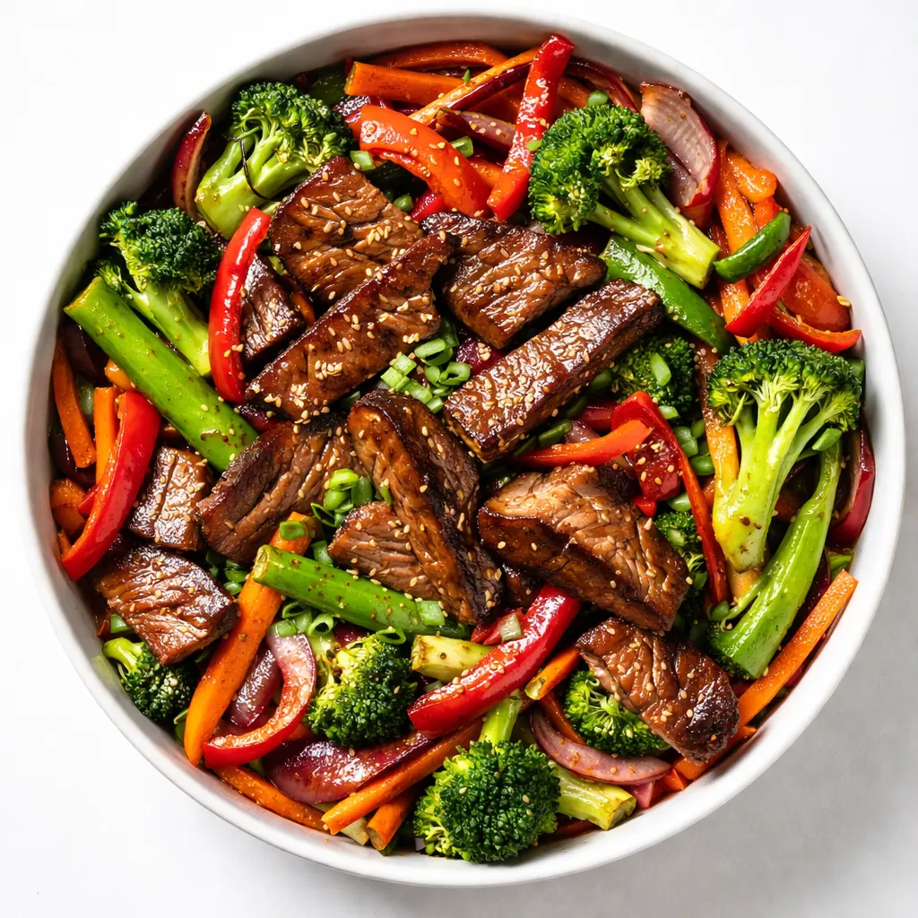 Sizzling beef strips and colorful bell peppers cooking in a wok with glossy sauce, steam rising, vibrant textures.