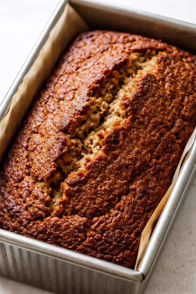 Ridiculously moist banana bread slice with golden crackly top, soft crumb, and dark brown edges.