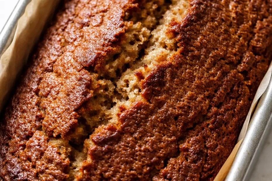Ridiculously moist banana bread slice with golden crackly top, soft crumb, and dark brown edges.