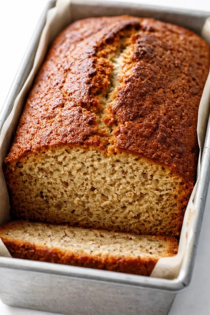 A perfectly moist slice of best banana bread with golden brown crust and tender crumb, showing rich banana color.