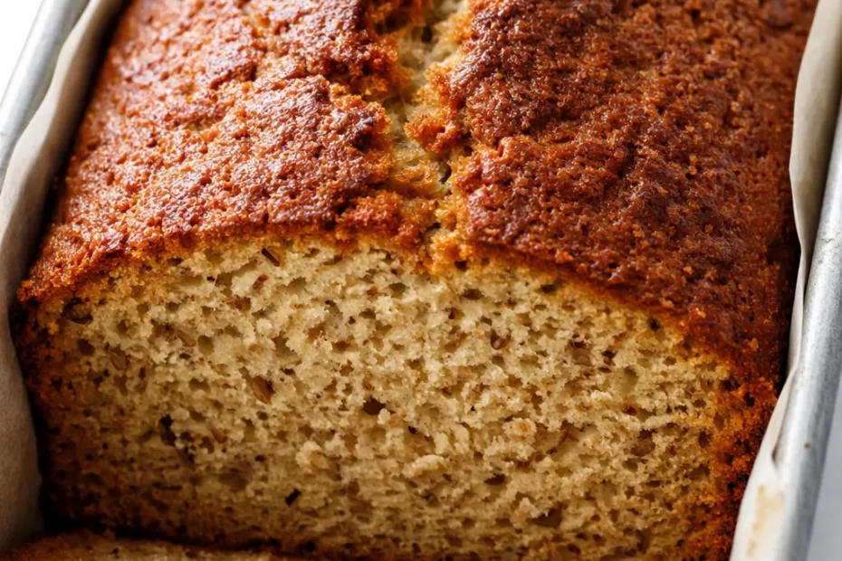 A perfectly moist slice of best banana bread with golden brown crust and tender crumb, showing rich banana color.
