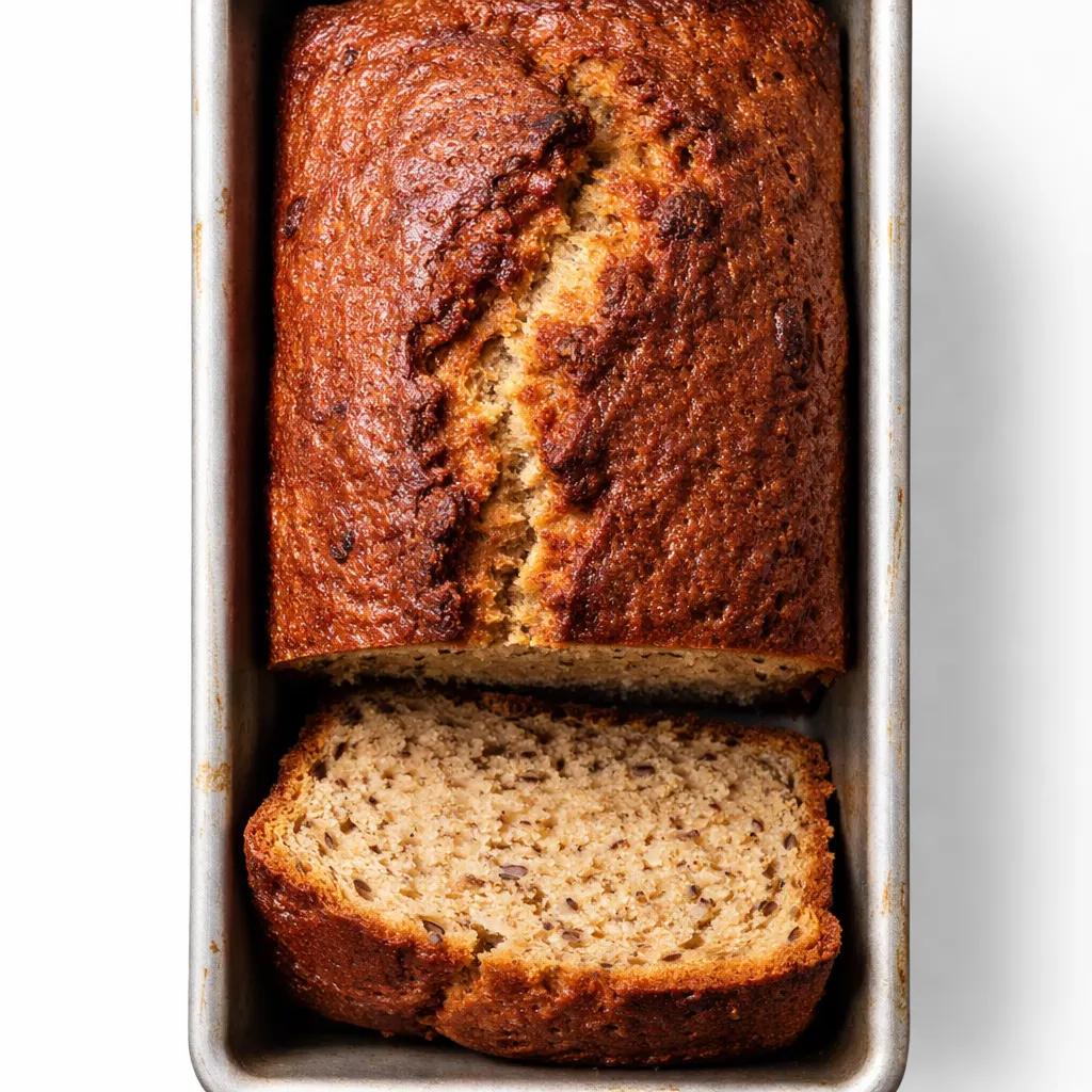 Moist banana bread slice with tender crumb and golden crust, staying soft even on day two.