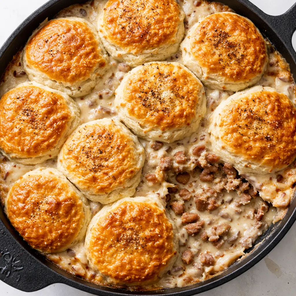 Golden brown crispy top layered over biscuits and gravy casserole with sausage and flaky biscuits.
