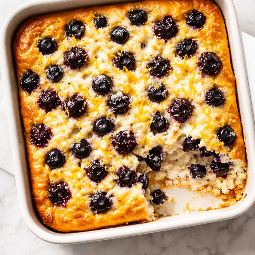 Mixing creamy cottage cheese and fresh blueberries in a glass baking dish for a high protein breakfast bake.