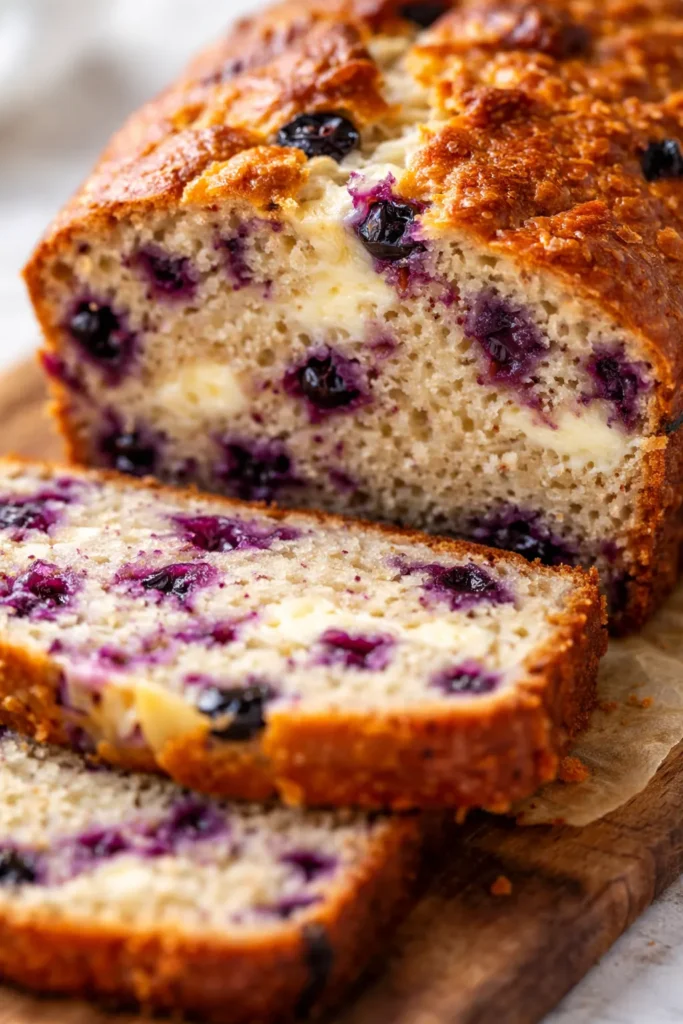 Sliced blueberry cream cheese bread with purple and white swirls, tender crumb and glossy cream cheese ripple visible.