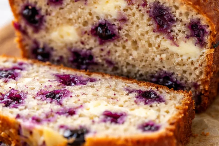 Sliced blueberry cream cheese bread with purple and white swirls, tender crumb and glossy cream cheese ripple visible.