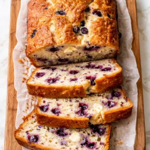 Swirling ribbons of cream cheese and juicy blueberries create a marbled effect in the batter, promising a moist, tangy-sweet loaf.
