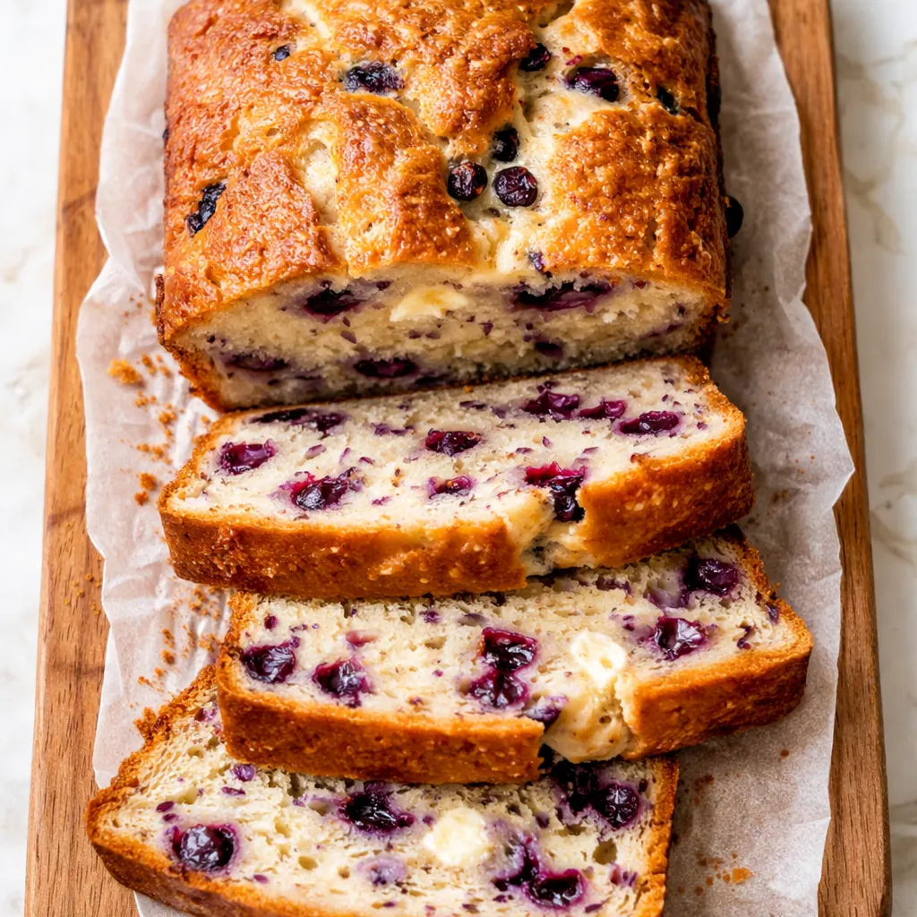 Swirling ribbons of cream cheese and juicy blueberries create a marbled effect in the batter, promising a moist, tangy-sweet loaf.