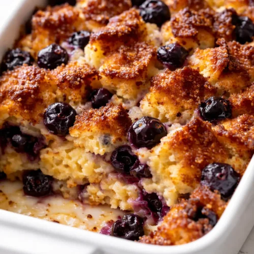 Golden brown crispy top blueberry French toast casserole slice revealing custardy center with blueberries