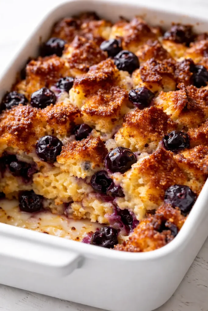 Golden brown crispy top blueberry French toast casserole slice revealing custardy center with blueberries