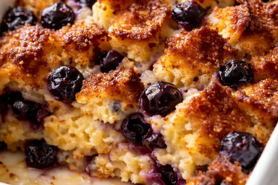 Golden brown crispy top blueberry French toast casserole slice revealing custardy center with blueberries