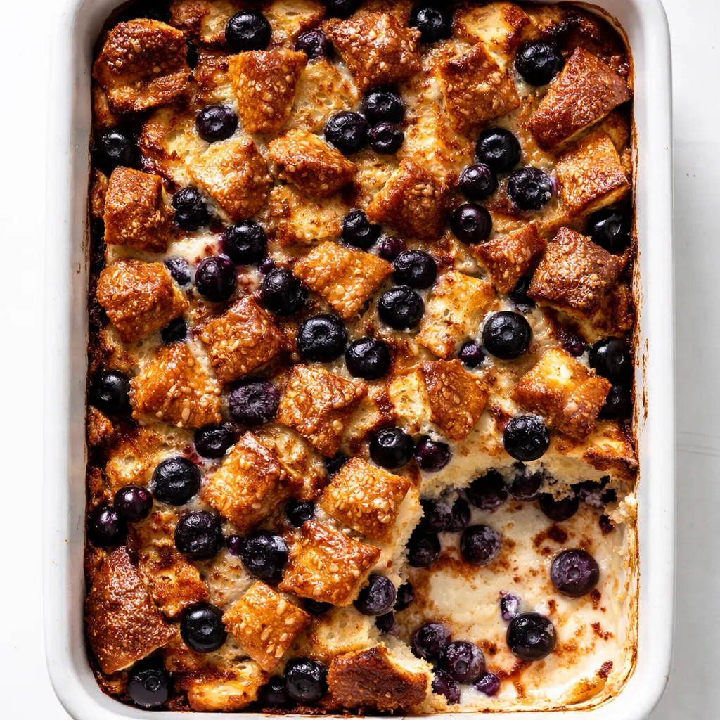 Pouring a rich custard mixture over layers of bread and fresh blueberries to create a blueberry French toast casserole with a custardy center and crispy top.