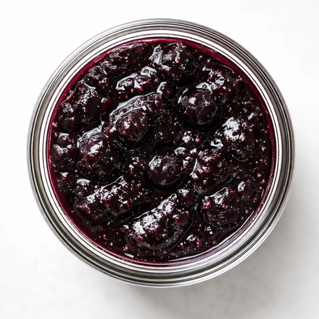 Deep purple blueberry jam with vanilla simmering in a stainless steel pot, glossy texture with visible vanilla bean specks and small bubbles.