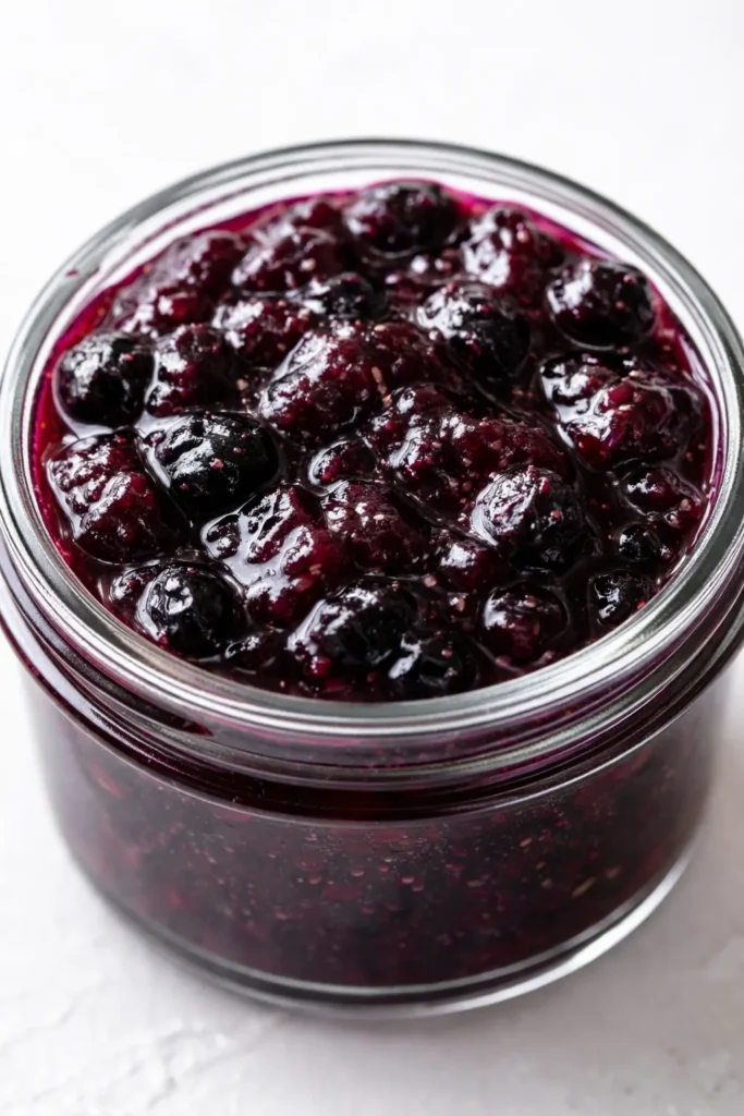 Deep purple blueberry jam with vanilla bean specks in a small jar, thick and glossy texture.