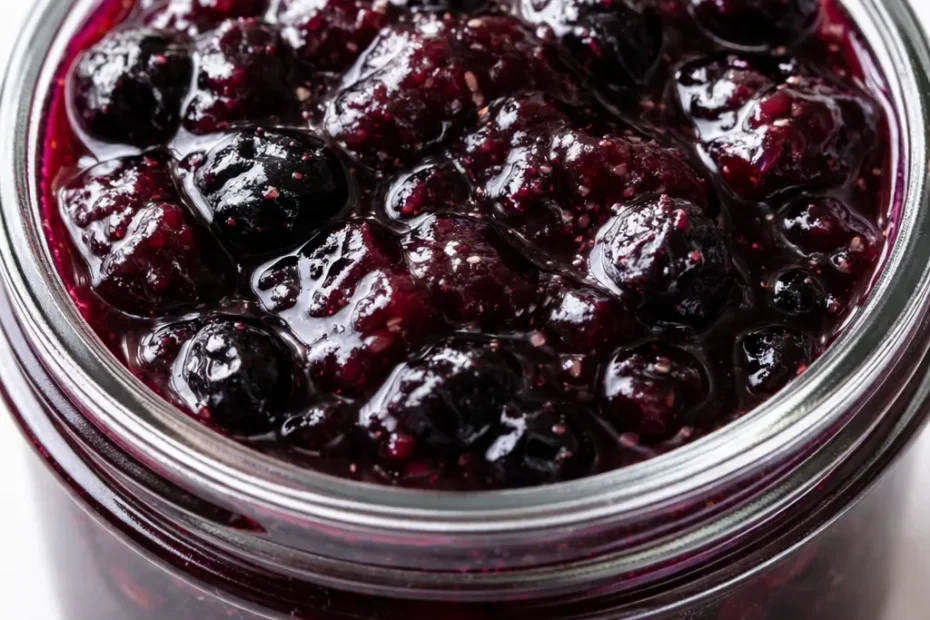 Deep purple blueberry jam with vanilla bean specks in a small jar, thick and glossy texture.