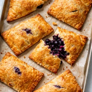 Golden brown blueberry lemon hand pies with glossy blueberry jam filling and lemon zest, cooling on a wire rack.