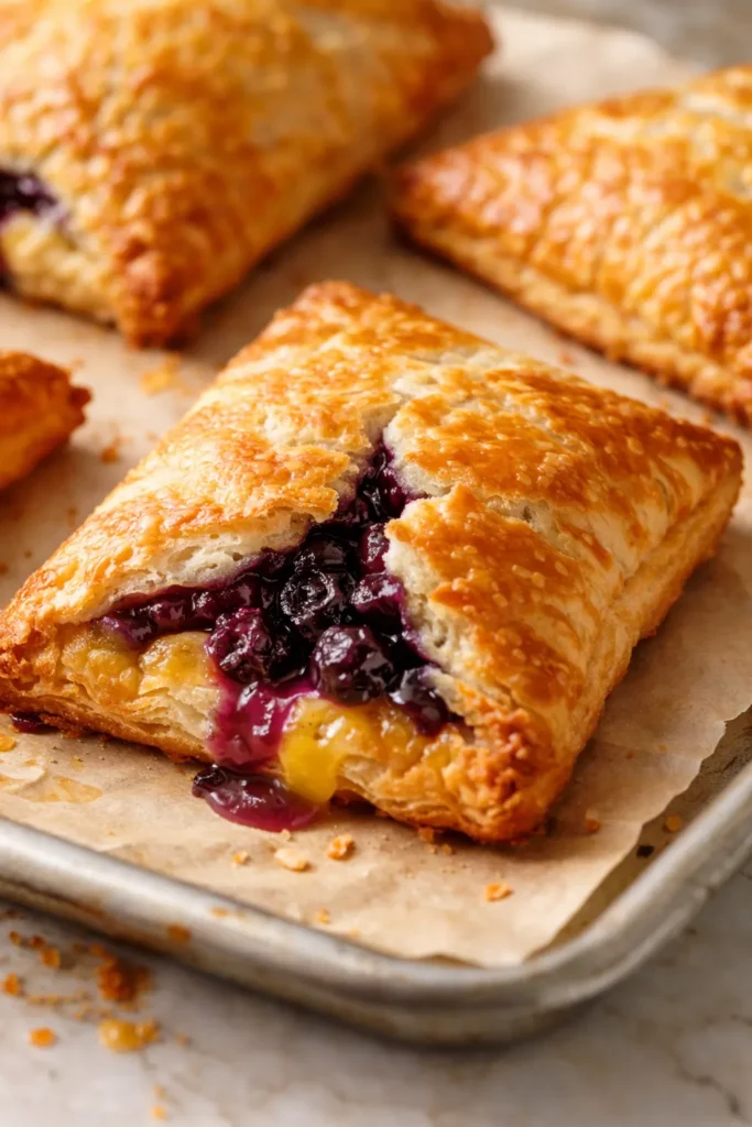 Buttery, golden-brown blueberry lemon hand pies with glossy jammy filling and lemon zest on a rustic wooden tray.