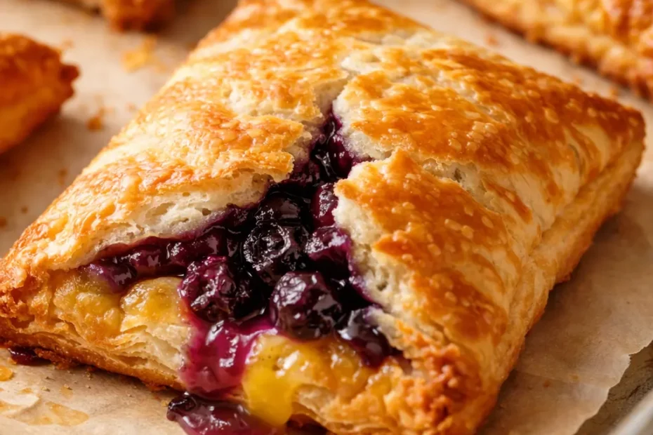 Buttery, golden-brown blueberry lemon hand pies with glossy jammy filling and lemon zest on a rustic wooden tray.