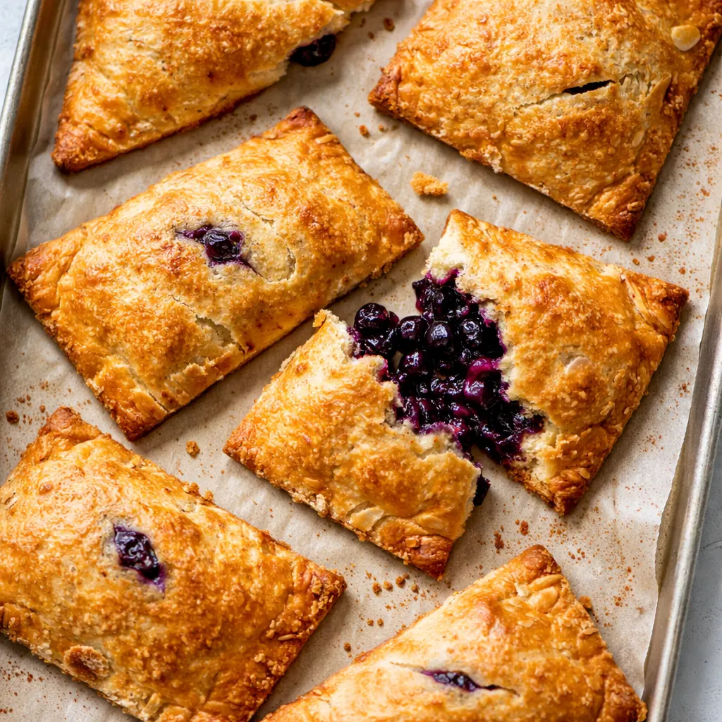 Golden brown blueberry lemon hand pies with glossy blueberry jam filling and lemon zest, cooling on a wire rack.