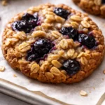 Soft blueberry oatmeal cookies piled high on a white plate, golden brown with bursts of purple blueberries and a chewy texture.