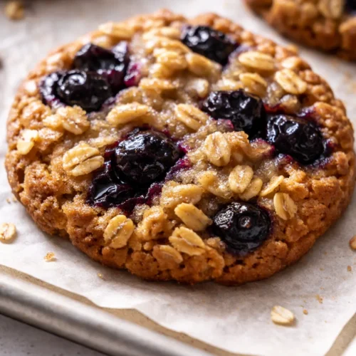 Soft blueberry oatmeal cookies piled high on a white plate, golden brown with bursts of purple blueberries and a chewy texture.