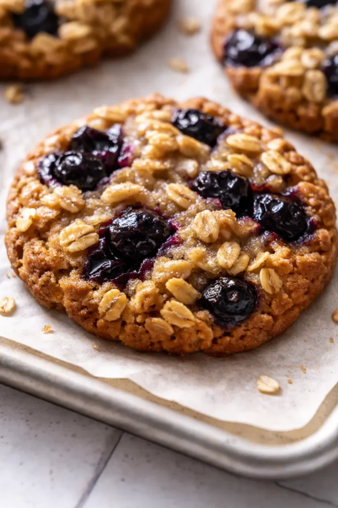 Soft blueberry oatmeal cookies piled high on a white plate, golden brown with bursts of purple blueberries and a chewy texture.