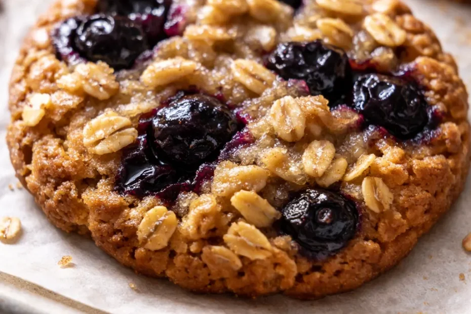Soft blueberry oatmeal cookies piled high on a white plate, golden brown with bursts of purple blueberries and a chewy texture.