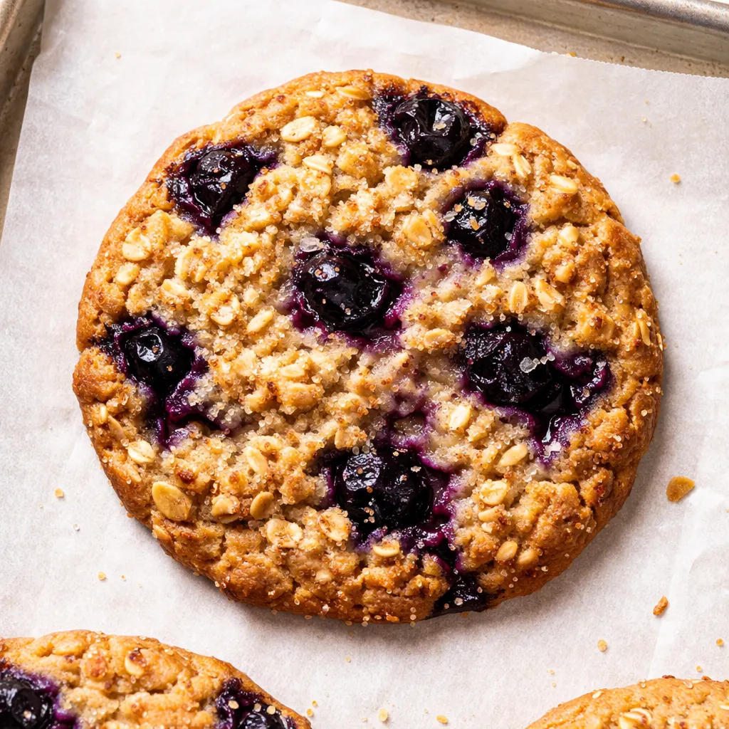 Soft blueberry oatmeal cookies with golden edges and juicy blueberry bursts on a cooling rack.
